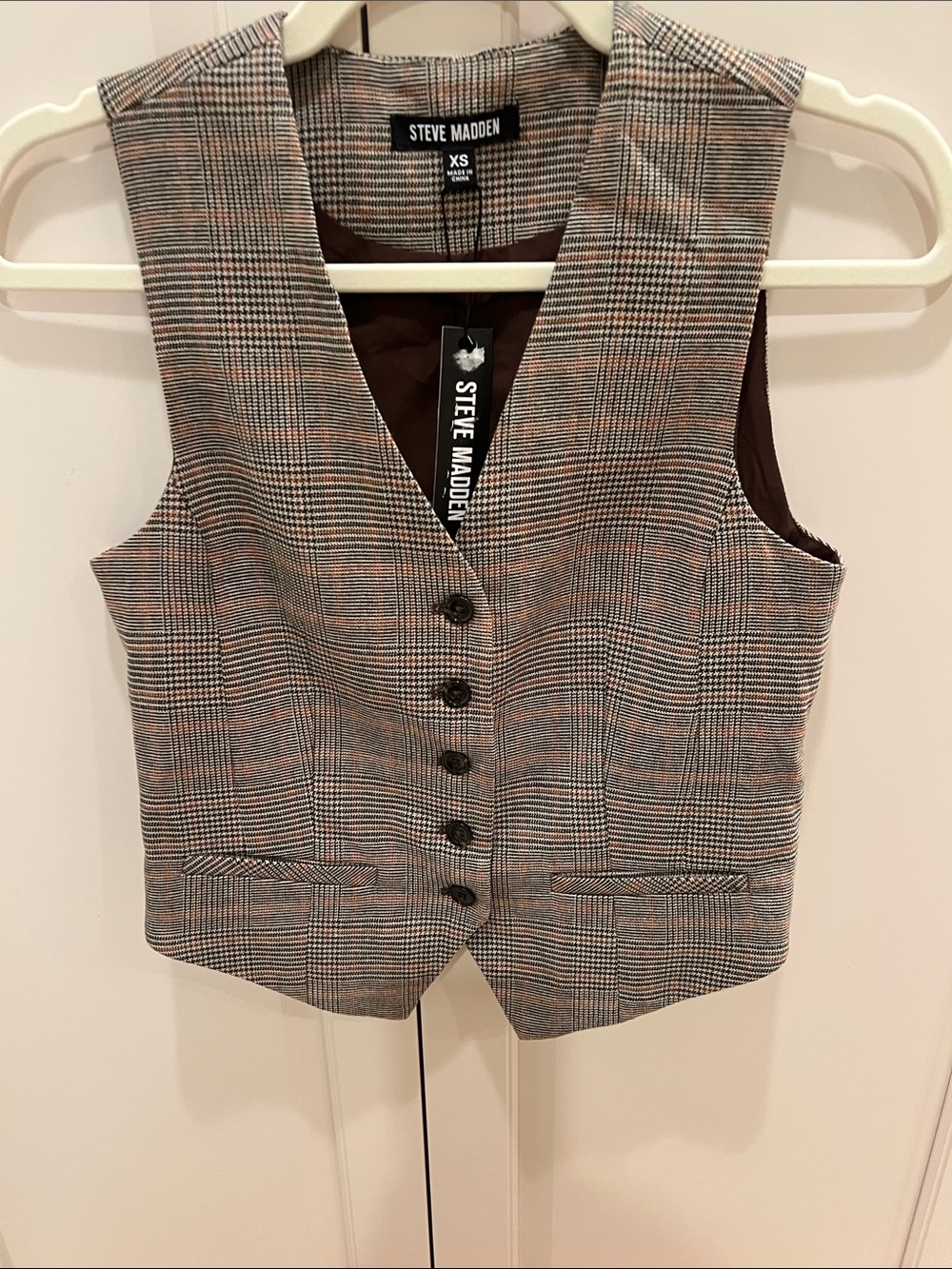 Steve Madden Plaid Button-Front Vest in Brown and Black